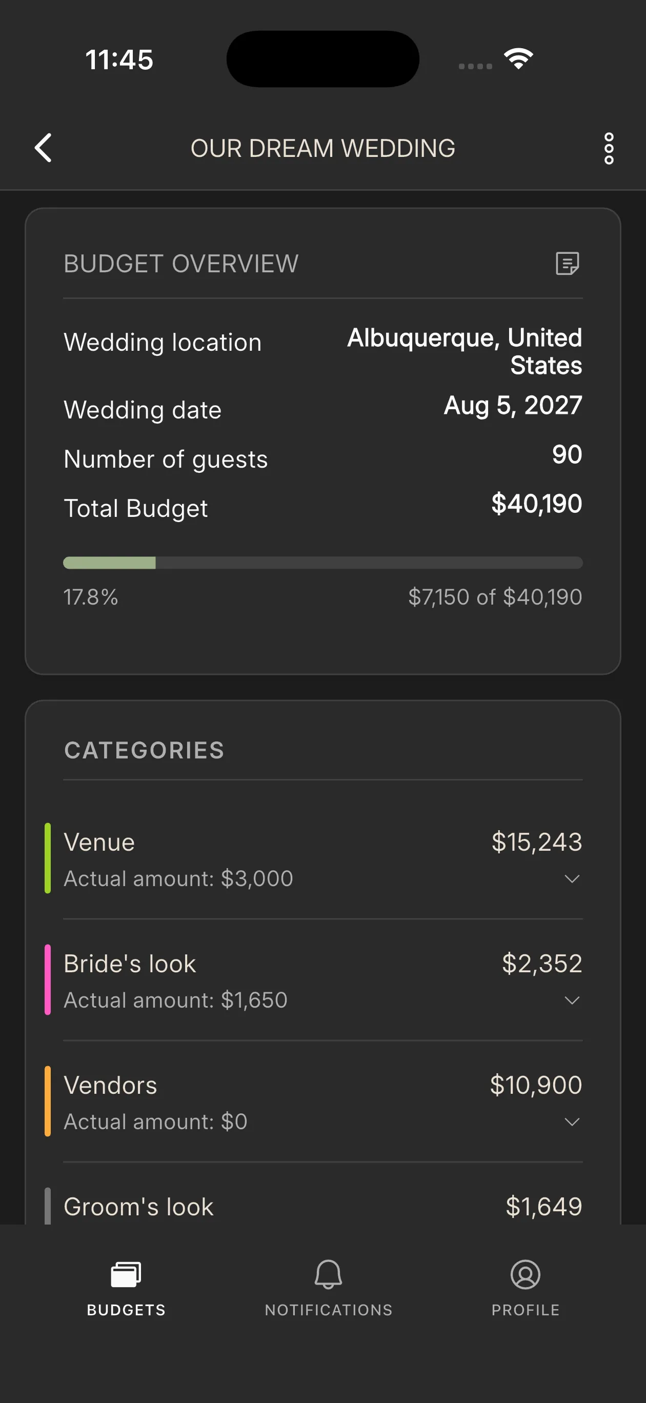 Wedding Budget app screen