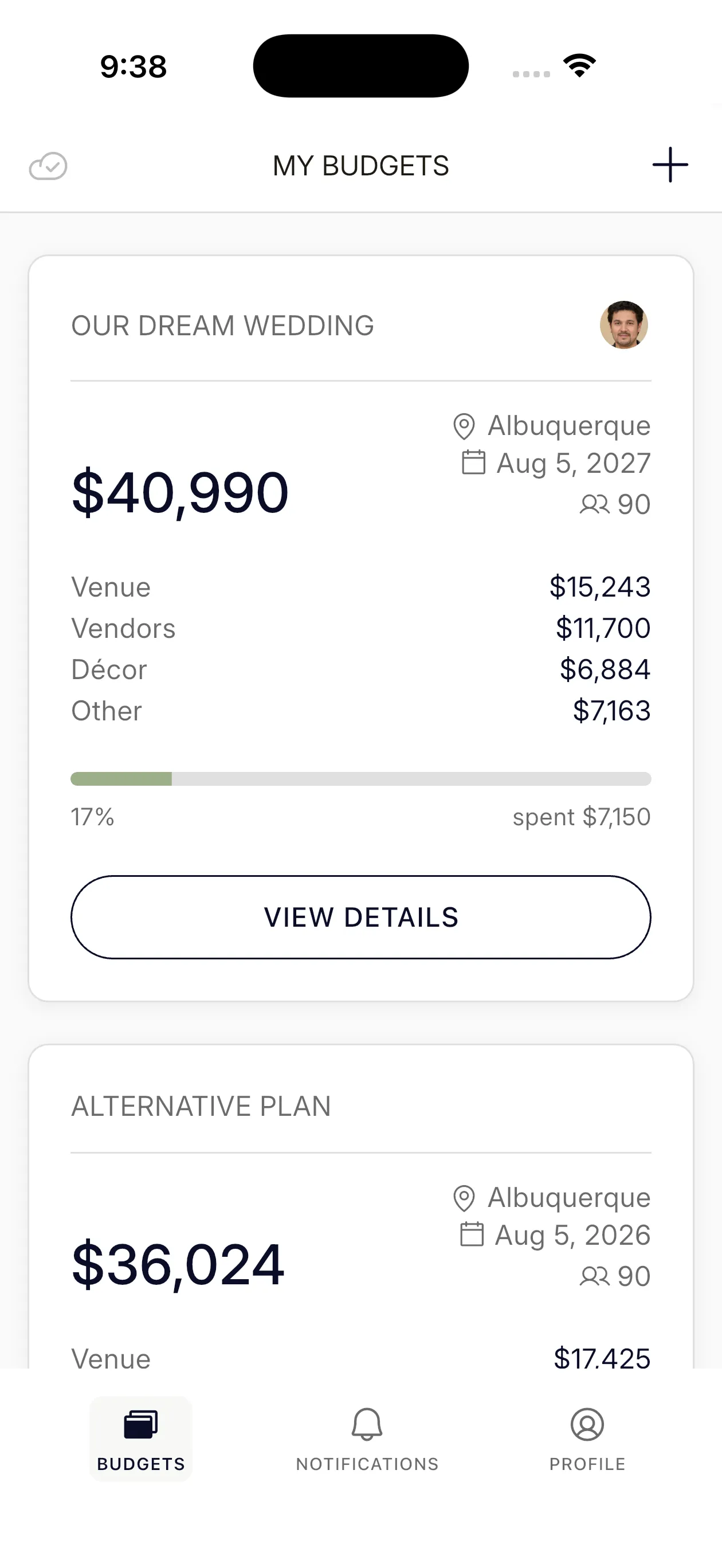 Wedding Budget app screen