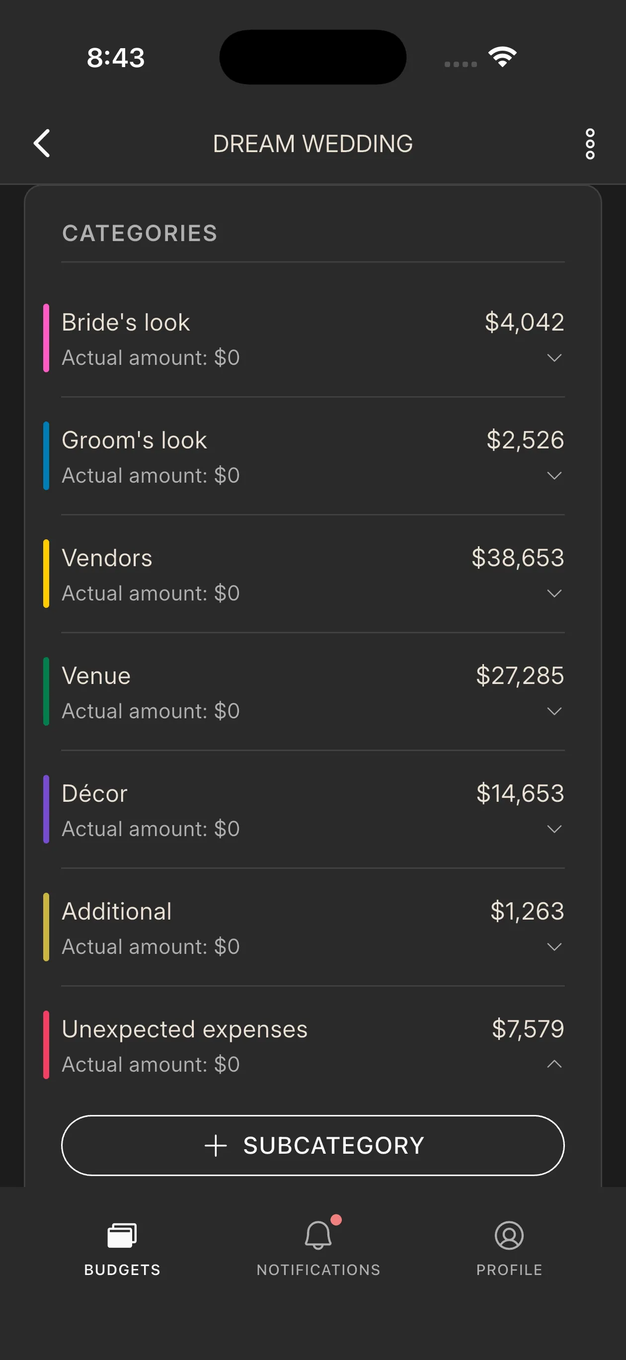 Wedding Budget app screen